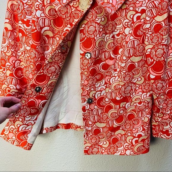 Vintage Anthracite orange white tan circle print LINEN blazer Woven buttons 6/S - Picture 13 of 16